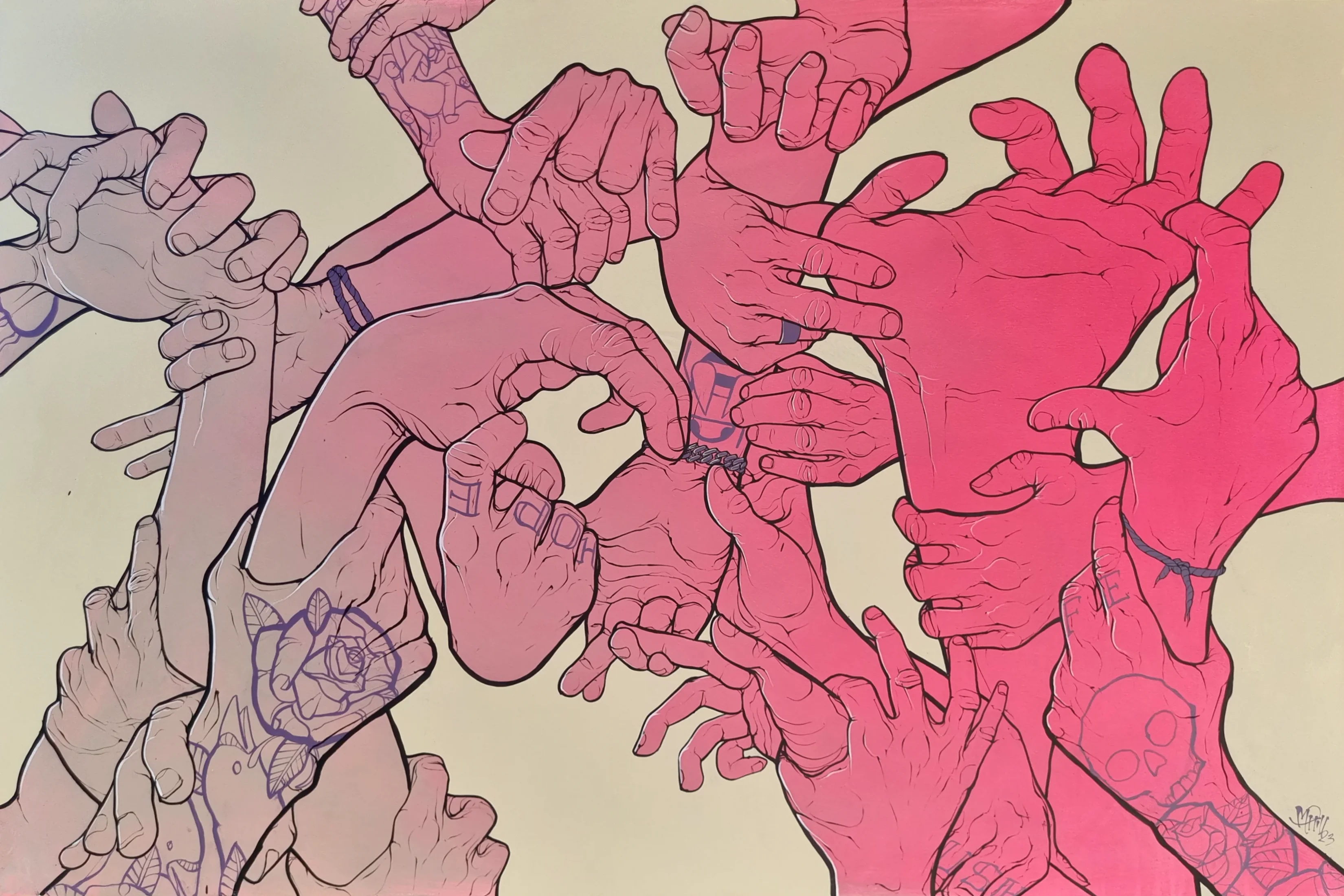 Hands #2 — finished acrylic painting on canvas by Marcus Hill